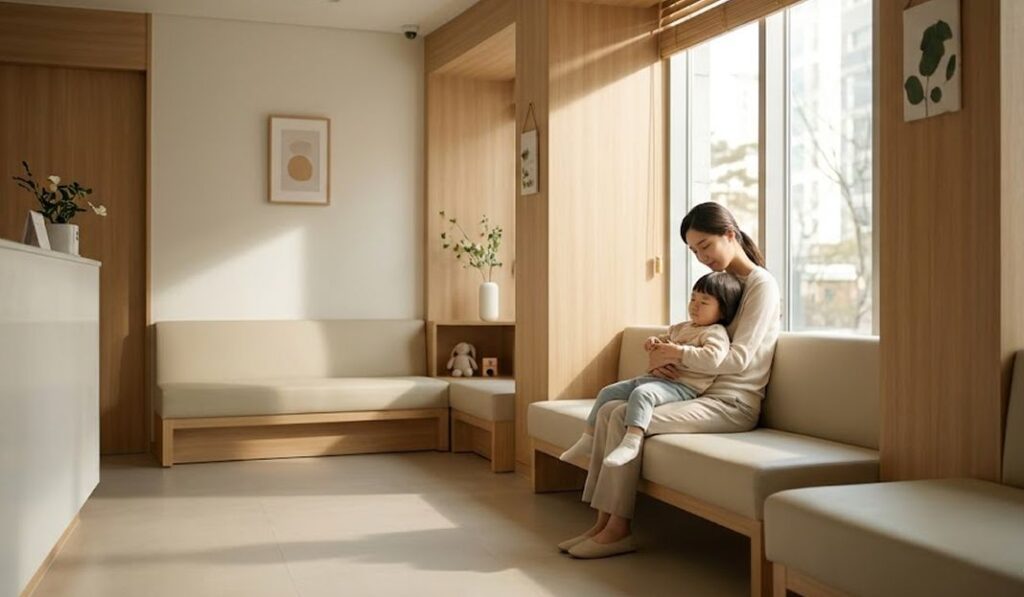 분당 정자동 일요일 소아과 대기실에서 아이를 달래는 엄마의 모습