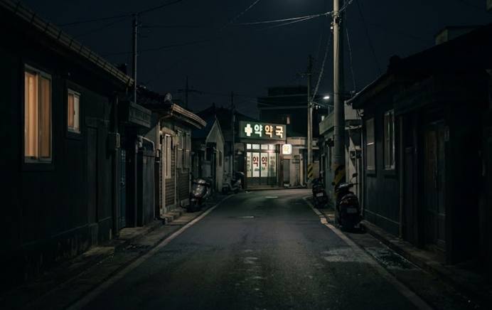 밤늦은 시간 제주 서귀포 심야 약국 위치를 알리는 조명