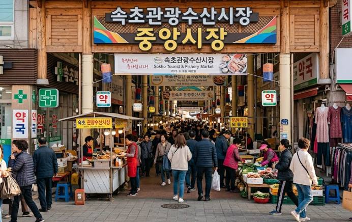 속초 중앙시장 근처 상비약 약국을 찾는 여행객들로 붐비는 시장 입구 풍경