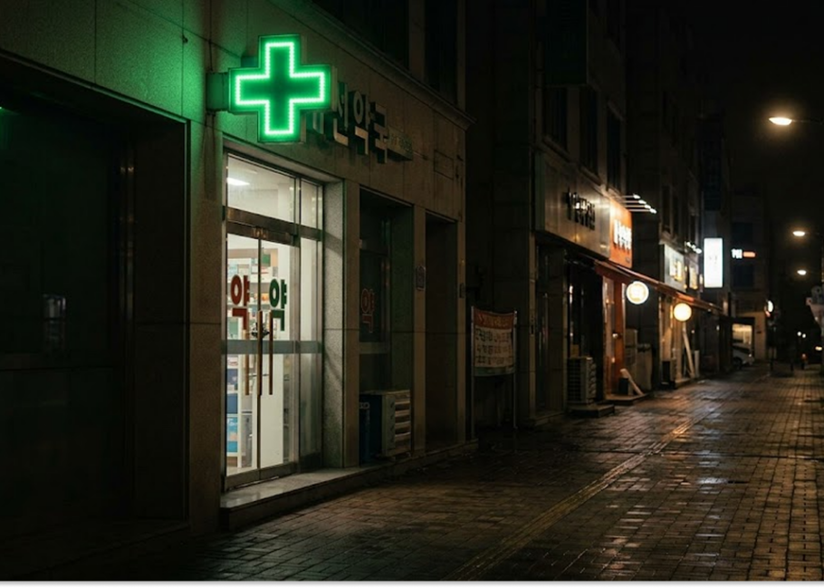 대전 둔산동 야간 운영 약국 거리 풍경